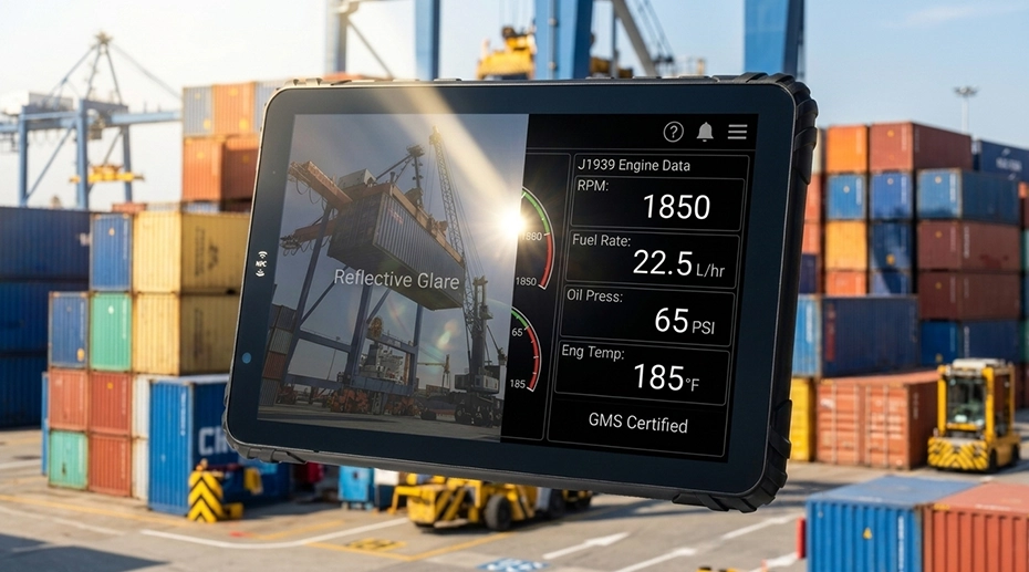 Split screen comparison of standard vs 1000-nit sunlight readable display under direct 45-degree sunlight — dim reflection-heavy side vs bright zero-glare side with full J1939 engine data visibility