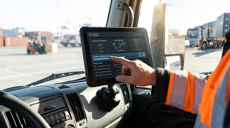 Tablet locked to logistics app with no navigation buttons, driver hand interacting in bright sunlight