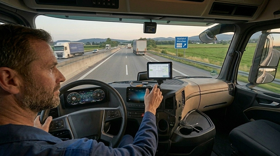 Rugged tablet integrated with truck dashboard showing fleet management and vehicle diagnostics interface
