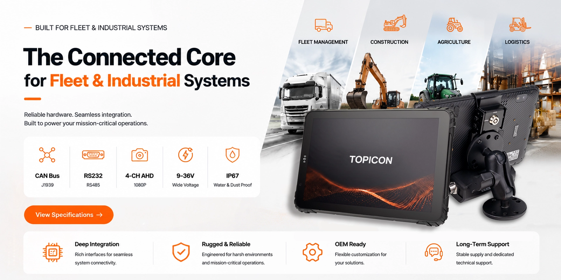 TOPICON Rugged Android MDT - CAN Bus RS232 4-CH AHD 9-36V IP67 Built for Fleet Logistics Construction Agriculture Public Safety