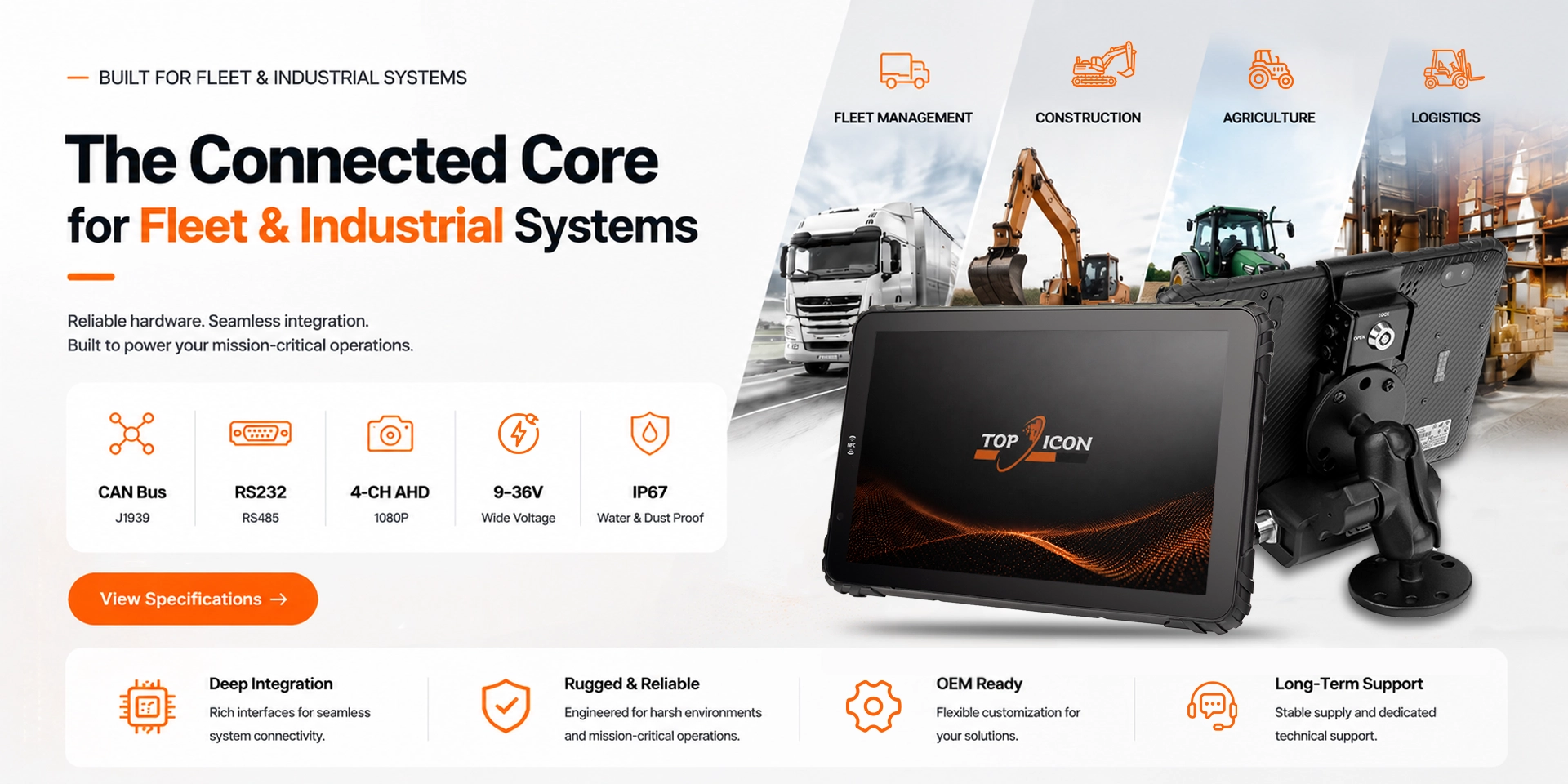 TOPICON Rugged Android MDT - CAN Bus RS232 4-CH AHD 9-36V IP67 Built for Fleet Logistics Construction Agriculture Public Safety
