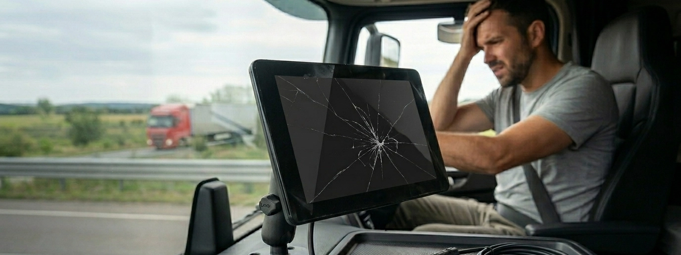 A broken consumer-grade Android tablet with a cracked screen mounted on a truck dashboard, causing a fleet management system failure while the truck driver looks stressed. Perfect visual representing a Geotab tablet hardware single point of failure risk.