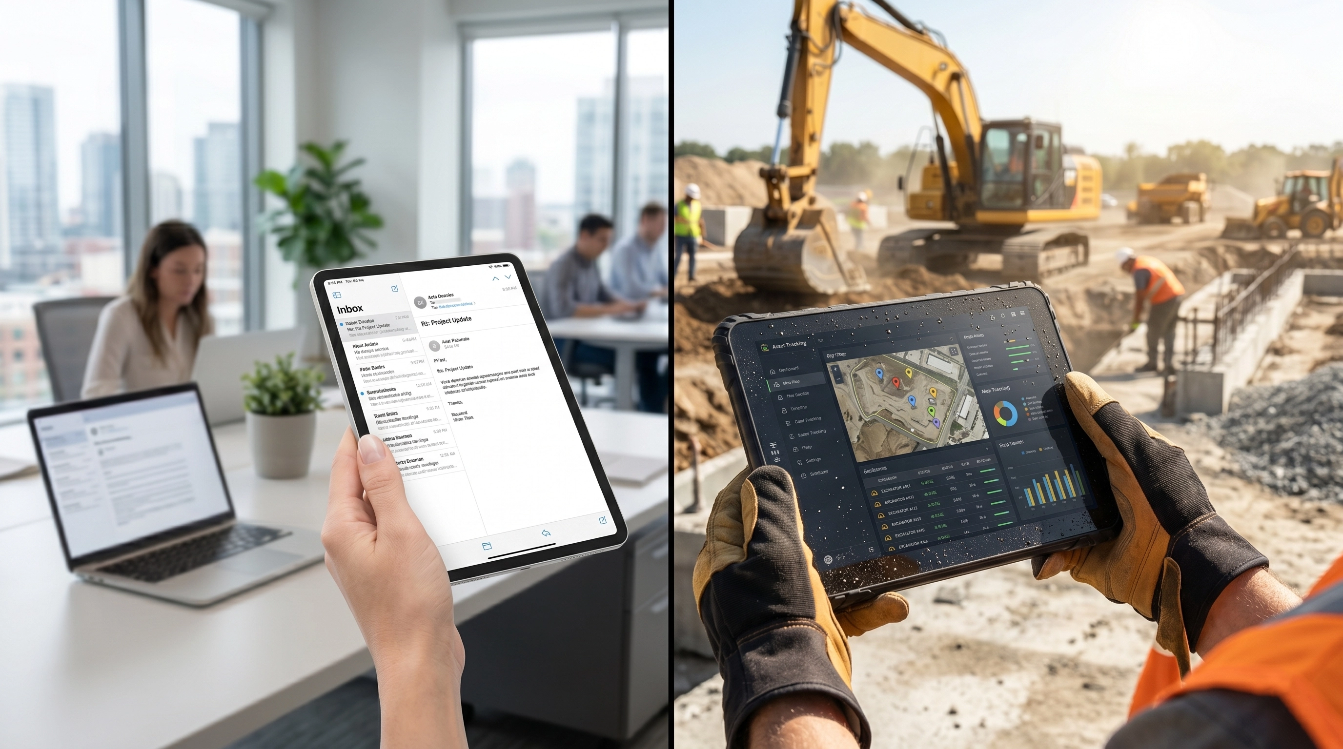 `Consumer iPad in office environment vs rugged tablet on construction site — industrial durability and interface comparison for business deployment` `Consumer iPad in office environment vs rugged tablet on construction site — industrial durability and interface comparison for business deployment`