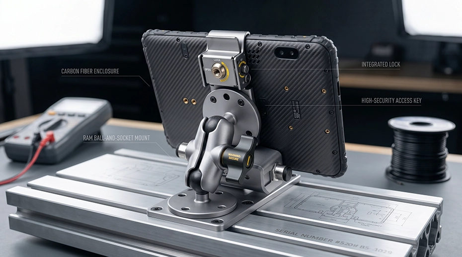 Close-up technical details of a heavy-duty vehicle docking station with anti-vibration mechanisms and locking cradle for enterprise rugged tablets, preventing hardware damage in mining and agricultural machinery.
