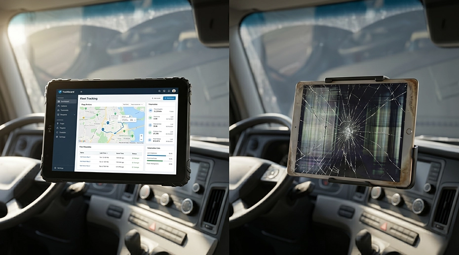 Rugged tablet vs consumer tablet lifecycle comparison inside a vehicle-mount fleet management cabin