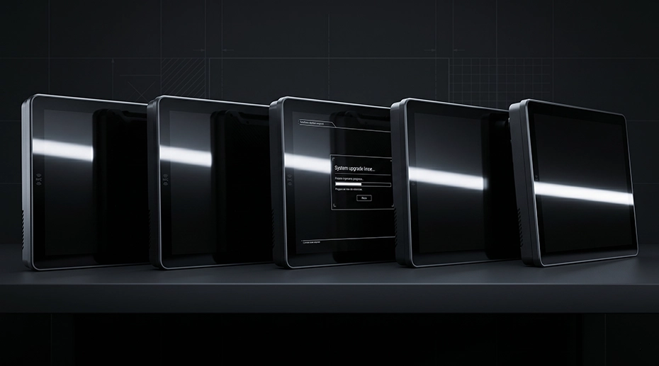 B2B fleet technology blog banner featuring a row of rugged industrial black tablets on a laboratory workbench, demonstrating Android OS staging, enterprise OTA firmware deployment, and rigorous software testing.