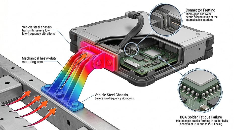 Cutaway diagram showing vibration transmission paths from vehicle chassis through mounting arm to rugged tablet — resonance amplification, connector fretting, and BGA solder fatigue failure modes