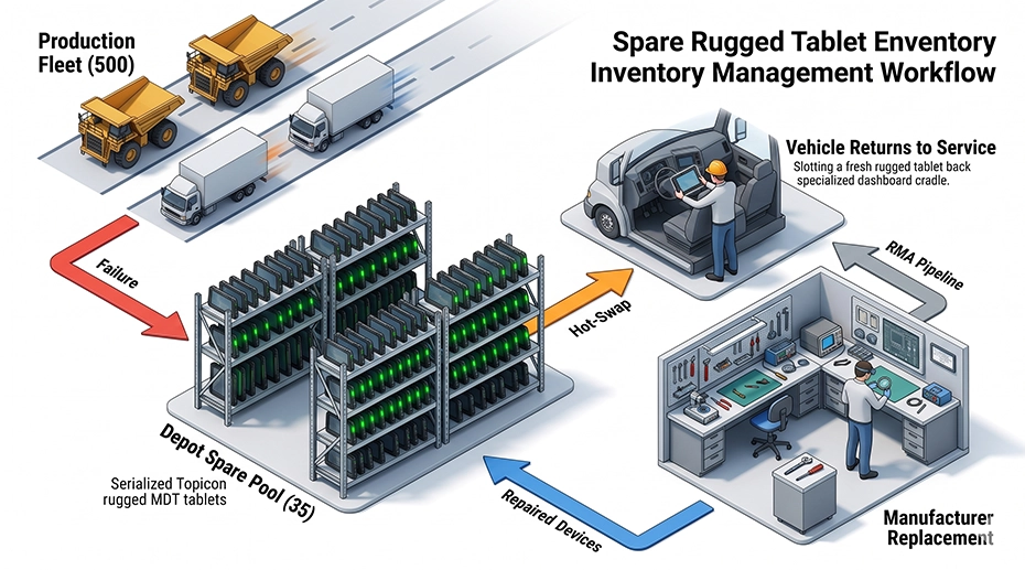 Spare rugged tablet inventory management workflow for fleet deployments — pre-configured MDT devices in storage, hot-swap procedure in vehicle, and RMA return pipeline