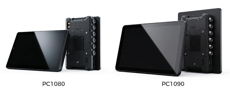 PC1080 8-inch and PC1090 10-inch rugged Panel PCs with locking GX16 aviation connectors for fixed vehicle and industrial installation