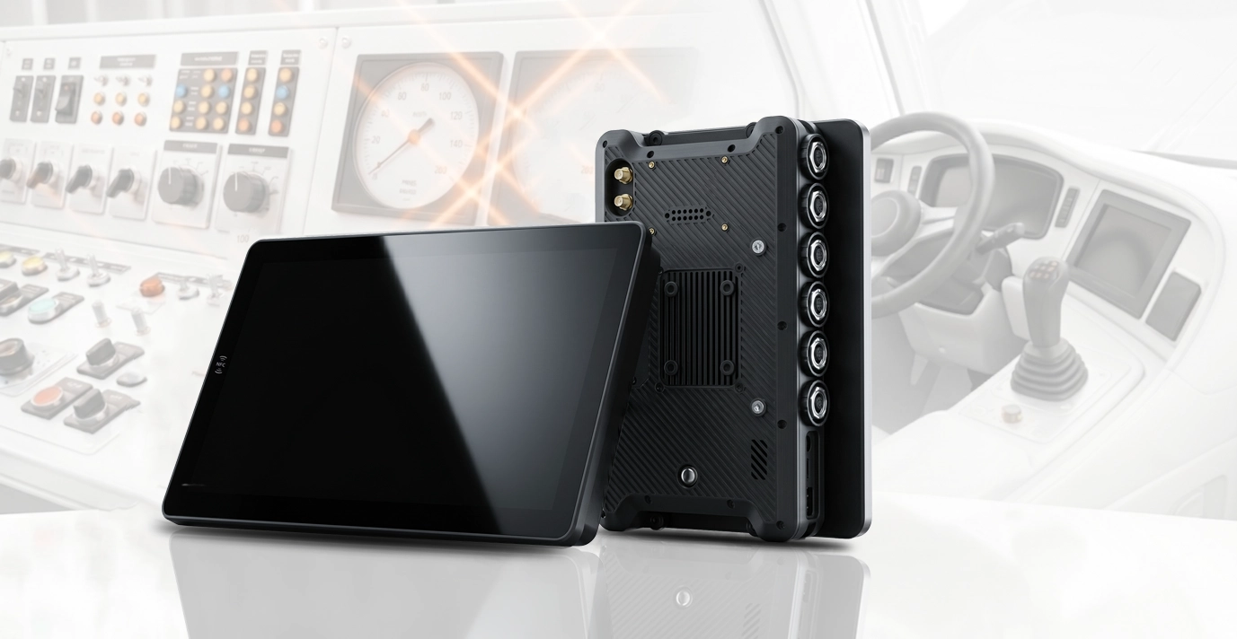PC1080 Panel PC embedded in industrial automation control cabinet panel and integrated into heavy machinery operator console for fixed-mount HMI deployment