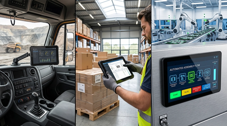 Rugged fleet computing architecture comparison — MDT tablet docked in vehicle cab with pogo-pin charging, standalone rugged tablet with barcode expansion module in warehouse, and Panel PC embedded in automated production control cabinet panel