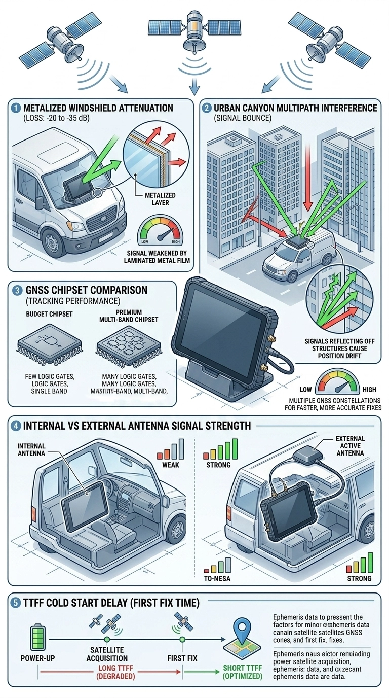 GPS satellite signal propagation diagram showing five root causes of fleet tablet location tracking failure — metalized windshield attenuation, urban canyon multipath interference, GNSS chipset comparison, internal vs external antenna signal strength, and TTFF cold start delay