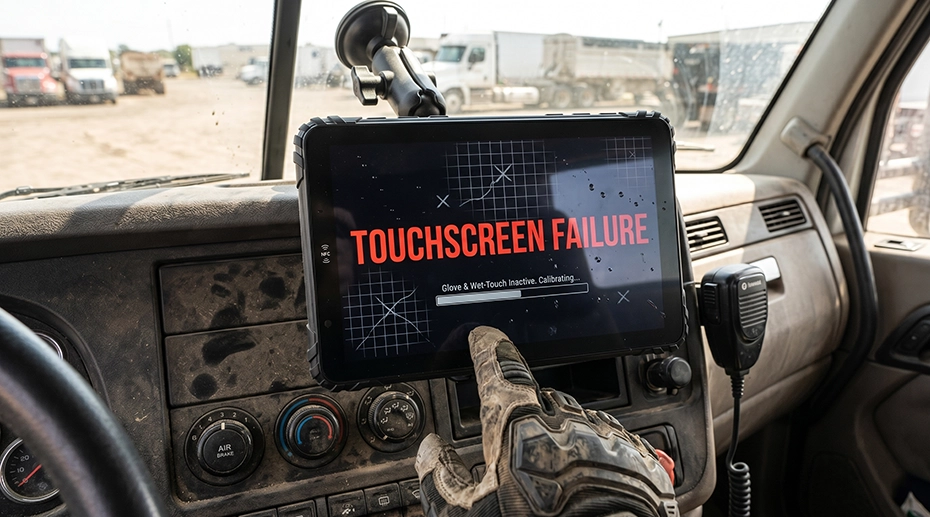 Rugged fleet tablet with wet-touch and glove-compatible capacitive touchscreen mounted in truck cab — touchscreen failure diagnosis for vehicle deployment environments