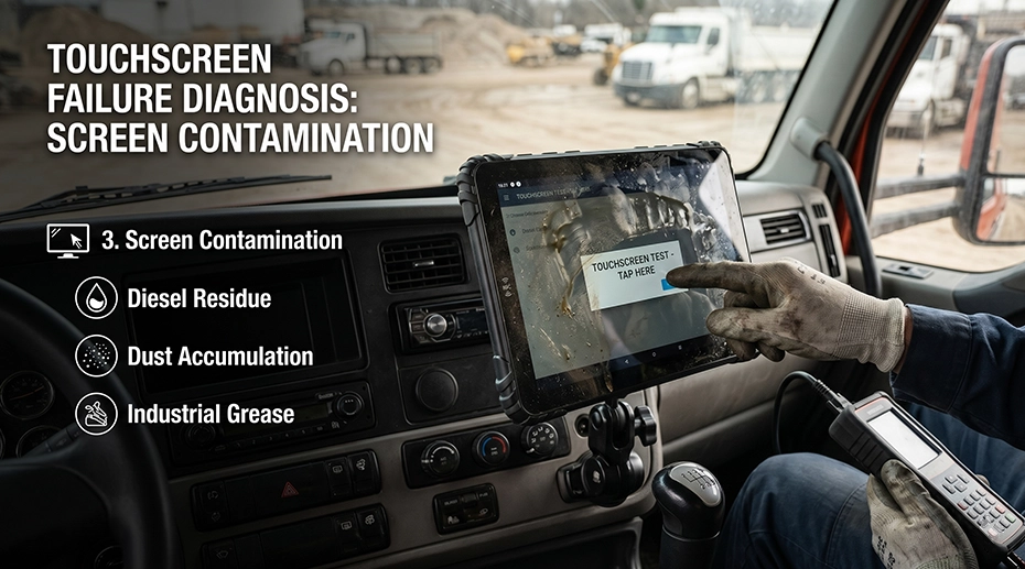 Diesel particulate and industrial residue buildup on vehicle-mounted tablet touchscreen causing dead zones and erratic touch response