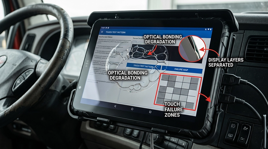 Cross-section diagram comparing air-gapped vs optically bonded tablet display layers — delamination and touch sensitivity degradation from vehicle thermal cycling