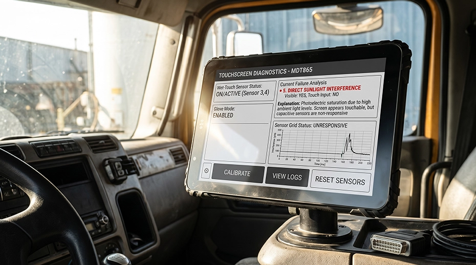 Direct sunlight hitting vehicle-mounted tablet screen causing infrared interference with capacitive touch controller — phantom touches and missed taps