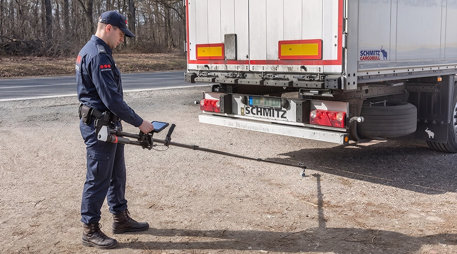 MDT865 8-inch rugged tablet mounted on tripod with fixed bracket at outdoor vehicle security checkpoint, serving as hands-free sunlight-readable display controller for pole-camera inspection system — SECURITAS officer operating EFIS® telescopic camera in background