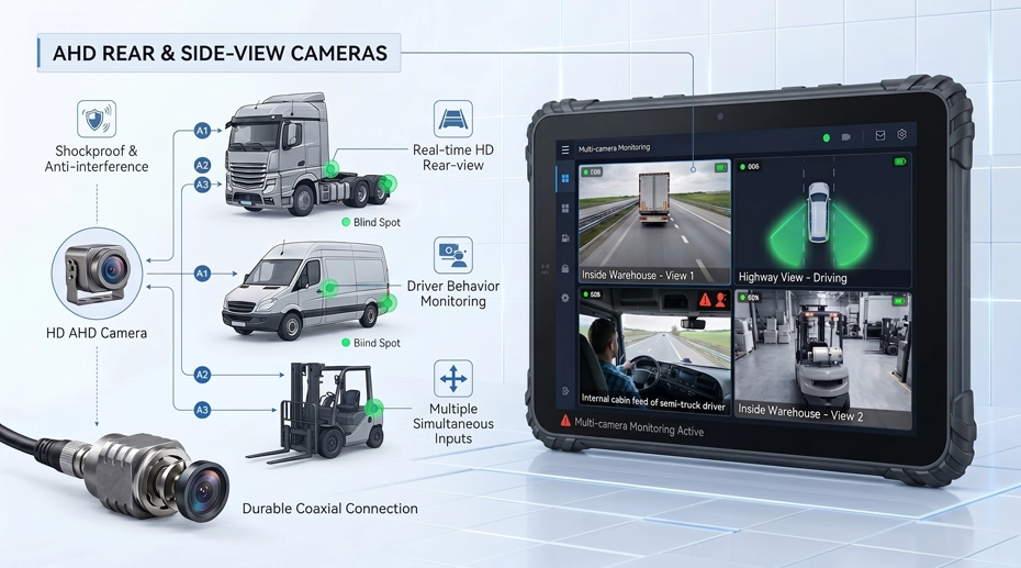 4-channel AHD camera system integrated with rugged vehicle tablet showing multi-camera split-screen view for fleet safety — front, rear, left, and right camera feeds with trigger signal overlay