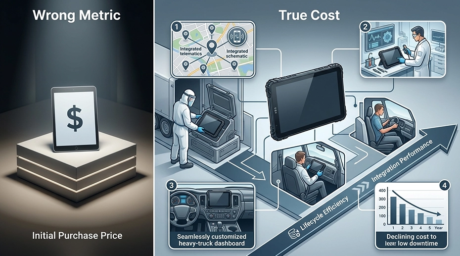 Fleet hardware TCO comparison chart showing purchase price vs five-year operational costs — vehicle downtime, emergency procurement premiums, spare pool inventory, and OS obsolescence replacement cycles