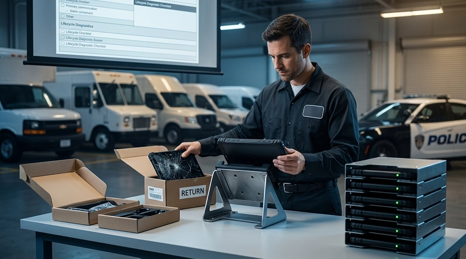 System integrator replacing failed fleet tablet from pre-configured spare pool inventory — advance replacement workflow for hardware risk management in commercial and public safety fleet operations