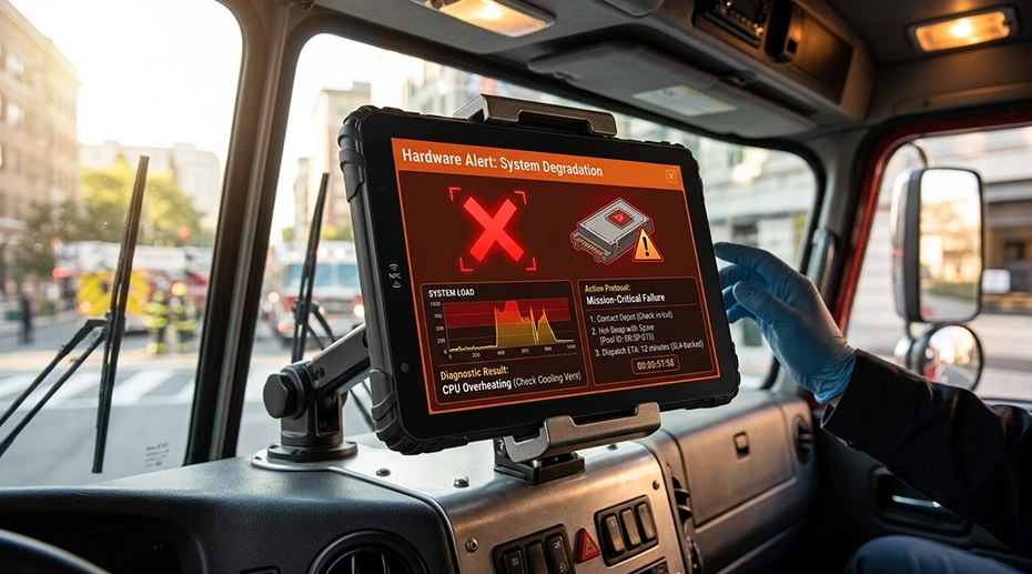 Rugged fleet tablet mounted in emergency response vehicle — hardware failure risk management for system integrators managing mission-critical fleet deployments with SLA-backed spare pool response