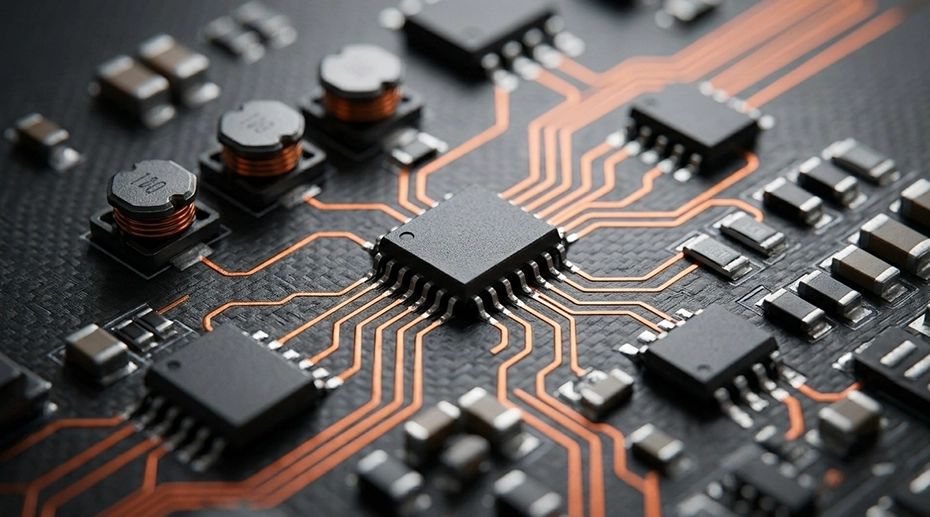 Close-up of a vehicle-mounted telematics PCB board showing an isolated CAN bus interface module with hardware isolation components and glowing orange circuit traces to prevent vehicle ground loops.