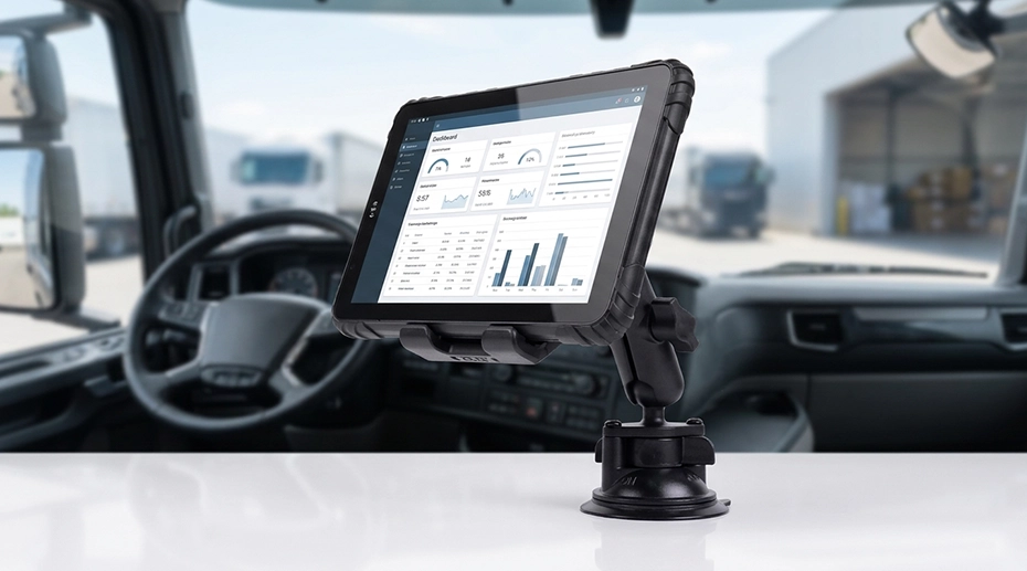 Rugged fleet tablet with vehicle power integration for engine cranking voltage drop protection and ignition-controlled power management