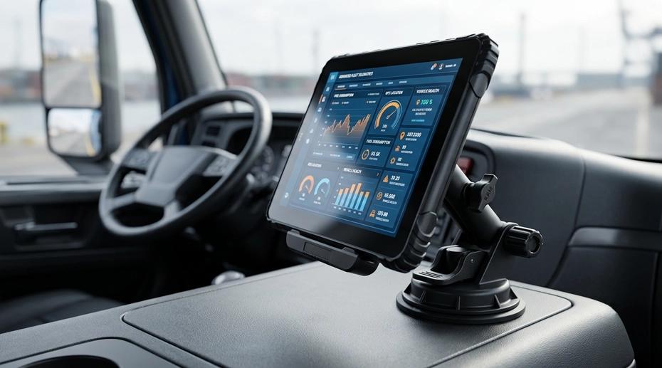 MDT880 rugged fleet tablet with 9-36V direct-wire vehicle dock for continuous power without battery charge-discharge cycling