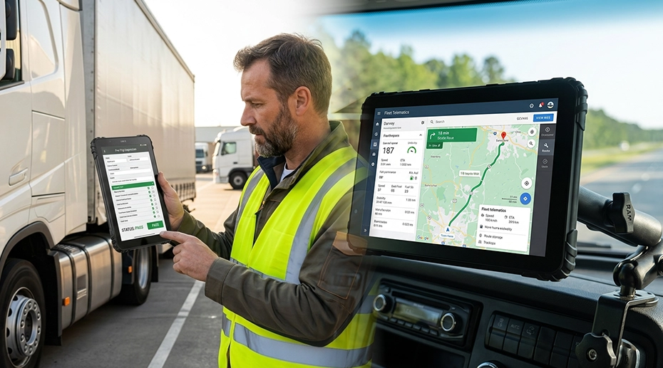 MDT865 17mm slim rugged Android tablet with quick-release vehicle docking station for fleet pre-trip inspection and in-cab use