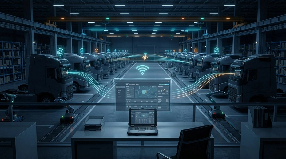 IT administrator remotely pushing firmware update to 500 fleet tablets via MDM OTA without physical access to vehicles