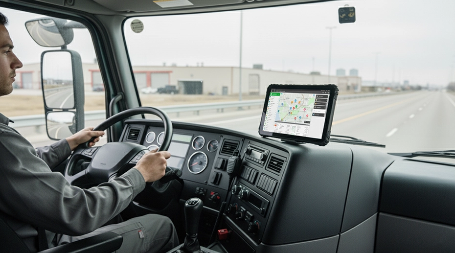 TOPICON MDM console displaying fleet tablet security policies and audit trail for GDPR compliance in European fleet operations