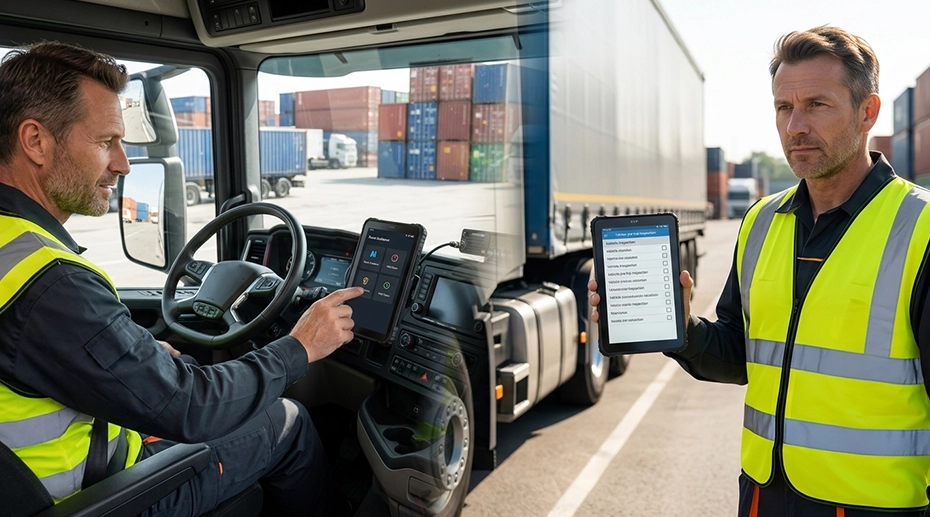 European truck driver performing documented walkaround inspection with rugged vehicle tablet undocked from quick-release dock, EU Regulation 165/2014 compliance
