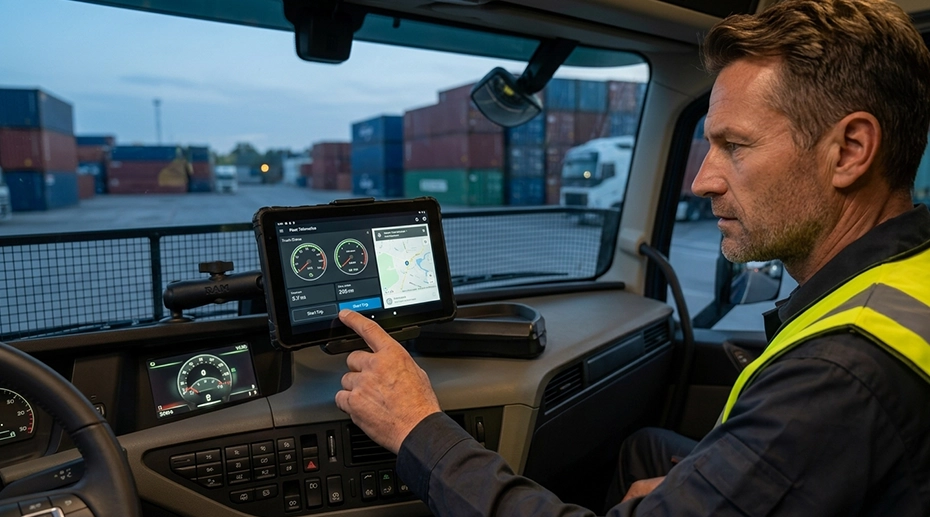 US truck driver using rugged Android tablet for FMCSA ELD compliance with hours of service logging and roadside inspection readiness