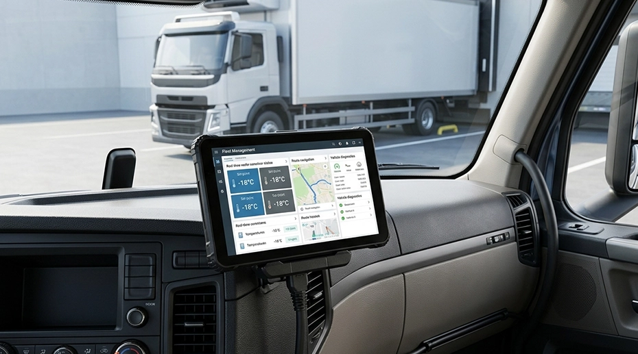 Refrigerated truck with in-vehicle tablet monitoring cold chain temperature via wired CAN Bus and RS232 connections