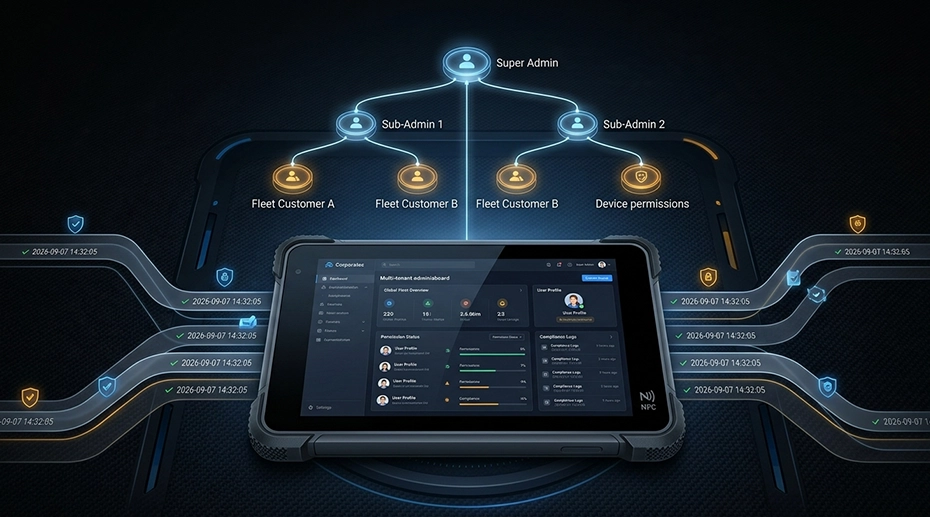 System integrator managing multiple customer fleet tablet deployments through MDM sub-admin accounts with role-based access control