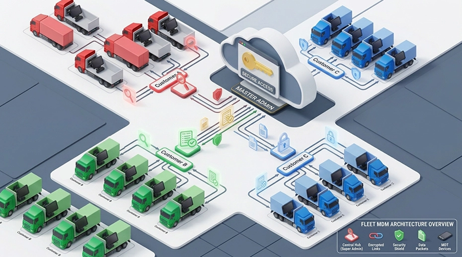 SIsometric diagram illustrating multi-tenant sub-admin role assignment and central audit trail tracking for fleet tablets.