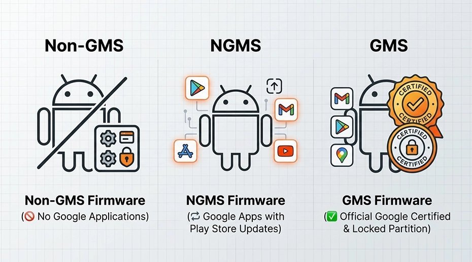 Rugged Android tablet firmware selection — Non-GMS, nGMS, and GMS build comparison for fleet deployment