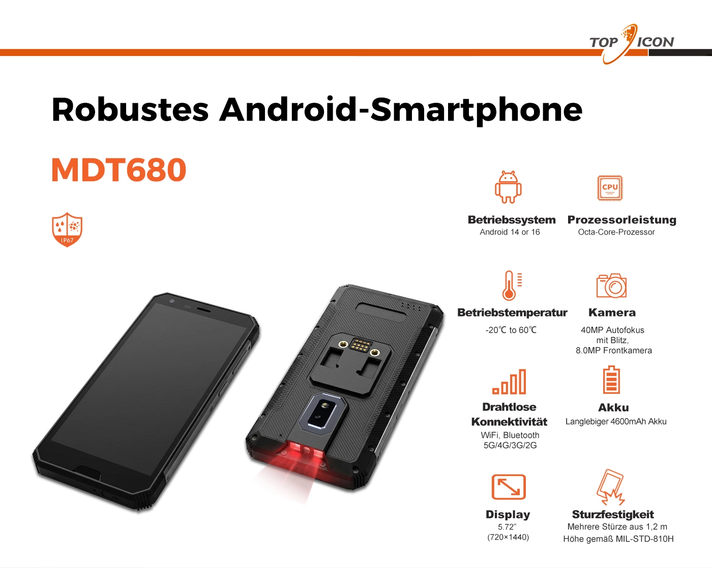 MDT680 5G robustes Android-Handheld-Terminal Frontansicht mit 5,7-Zoll-Display und 40MP-Rückkamera