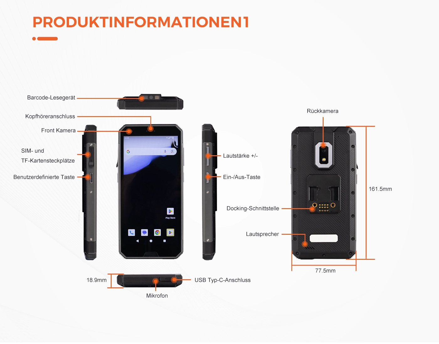 MDT680 5G Handheld-Terminal Rückansicht mit integriertem 1D/2D-Barcode-Scanner und NFC-Leser