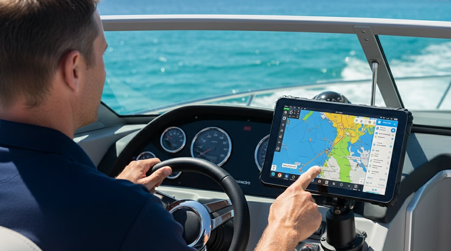 Captain using a MDT865 sunlight-readable rugged tablet with marine GPS chartplotter in a boat cockpit