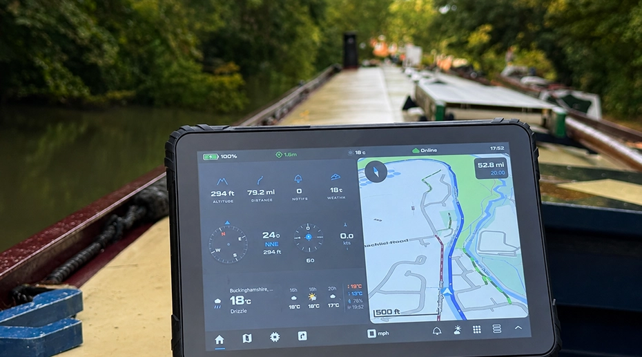 Inland waterway vessel wheelhouse with MDT865 navigation tablet mounted for river route navigation and position tracking