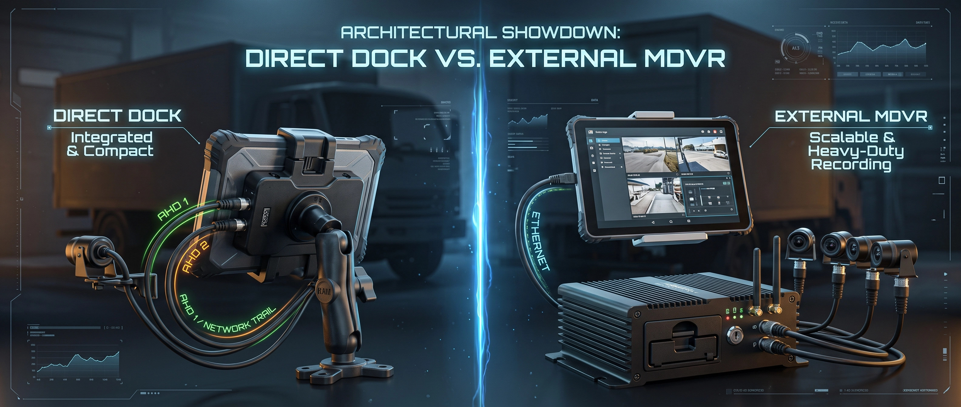 Vehicle camera architecture comparison — dock-connected tablet, camera hub, and external MDVR