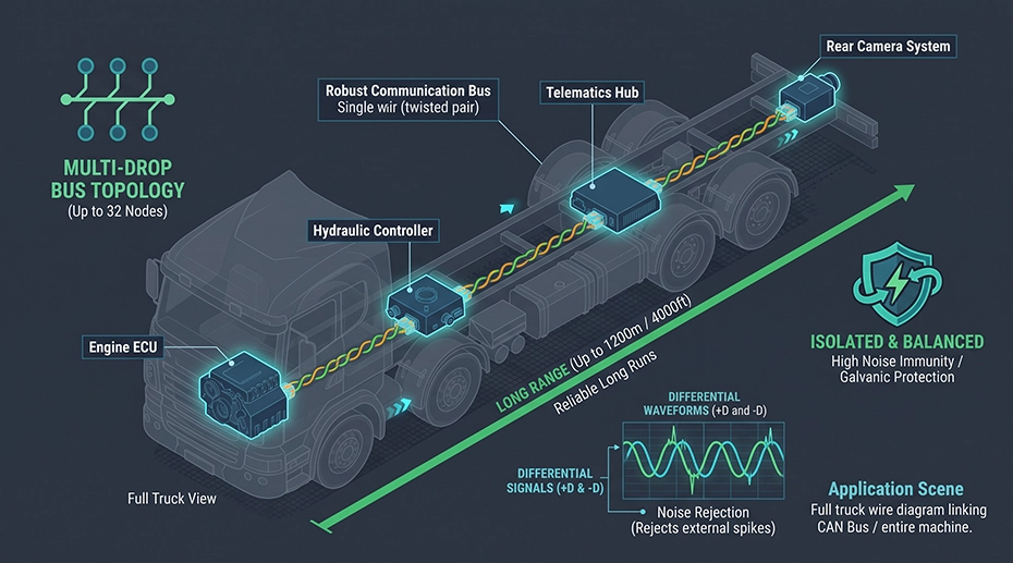 An infographic illustration showing an articulated dump truck with an integrated network of ECUs and sensors, demonstrating a long-range multi-drop network.