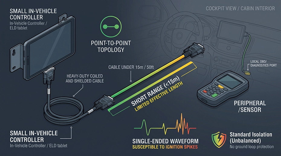 An infographic illustration showing an in-vehicle tablet, ELD device, and diagnostic scanner connected in a heavy-duty truck cabin, demonstrating localized point-to-point control.